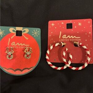 Gold Reindeer Earrings with Red Accents and Red & White Hoop Earring Gold I Am